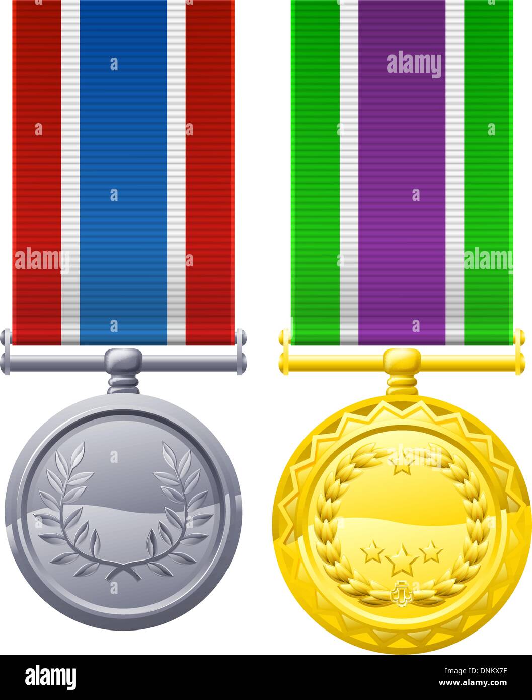 Dekorationen oder Medaille design Elemente Illustrationen, Gold mit weiß, lila und grüne Band, Silber mit blau weiß und Stock Vektor