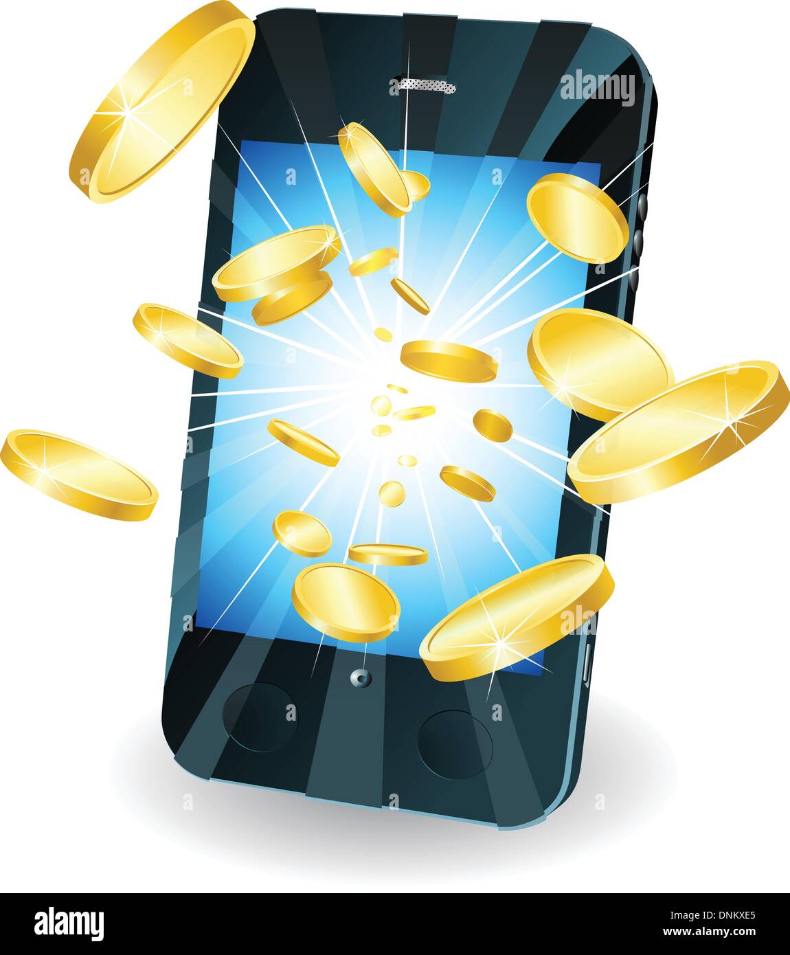 Konzeptionelle Darstellung. Geld in Form von Goldmünzen, die neuen Stil Smartphone Mobile herausfliegen. Stock Vektor