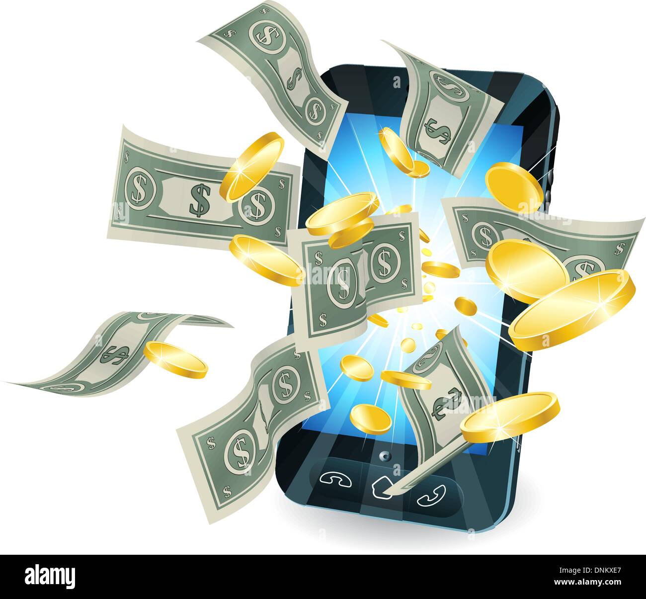 Geld neue Stil Smartphone Mobile herausfliegen. Stock Vektor