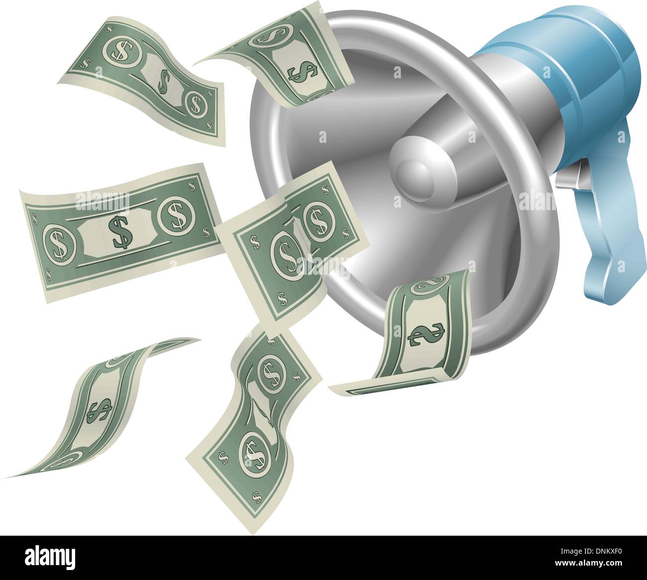 Megaphon mit Geld fliegen aus. Konzeptionelle Darstellung vertreten Vermittlungsgebühren oder Affiliate-Marketing oder auf andere Weise von m Stock Vektor
