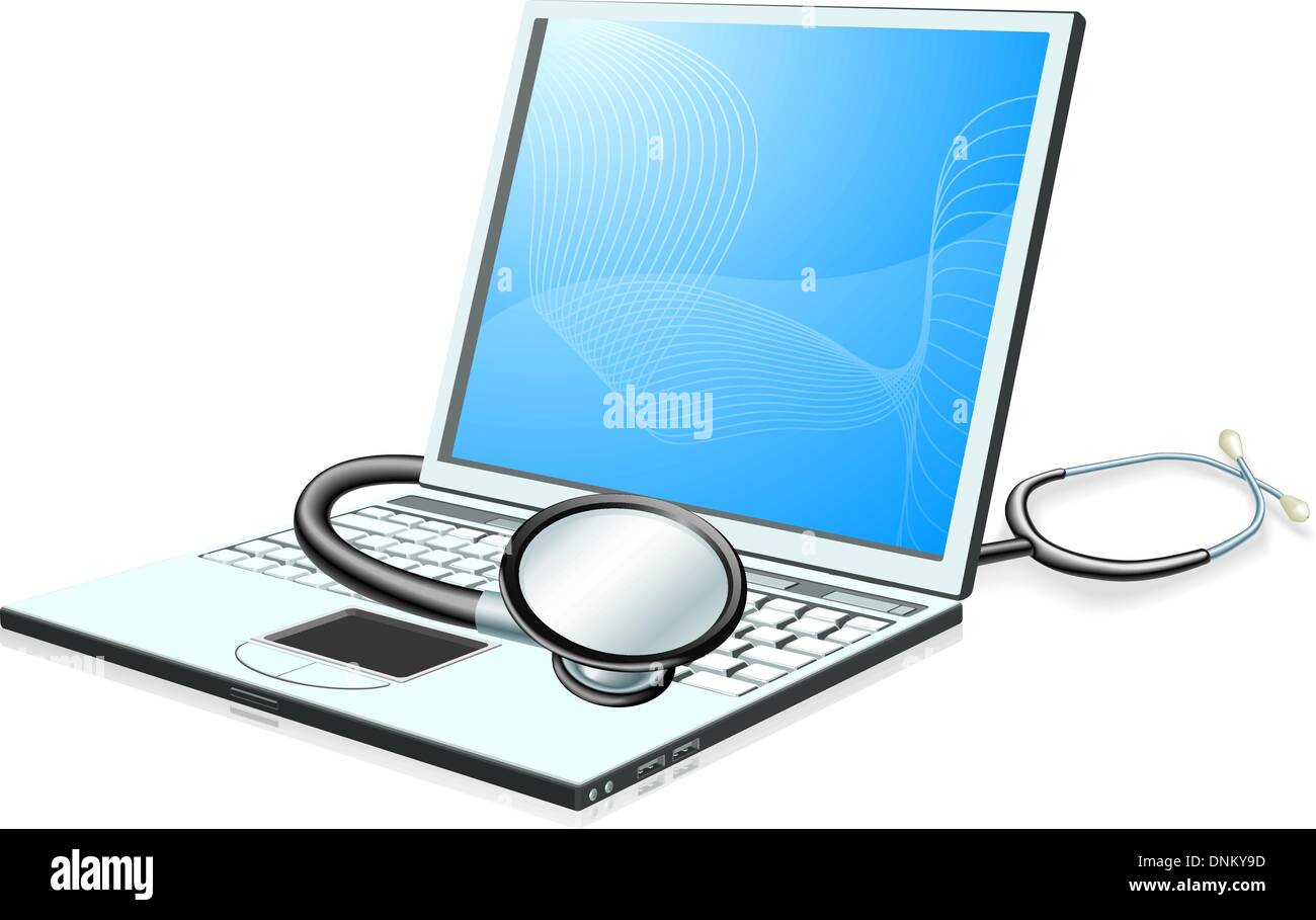 Laptop pc Computer mit Stethoskop verpackt um sie herum. Health Check-Konzept. Stock Vektor