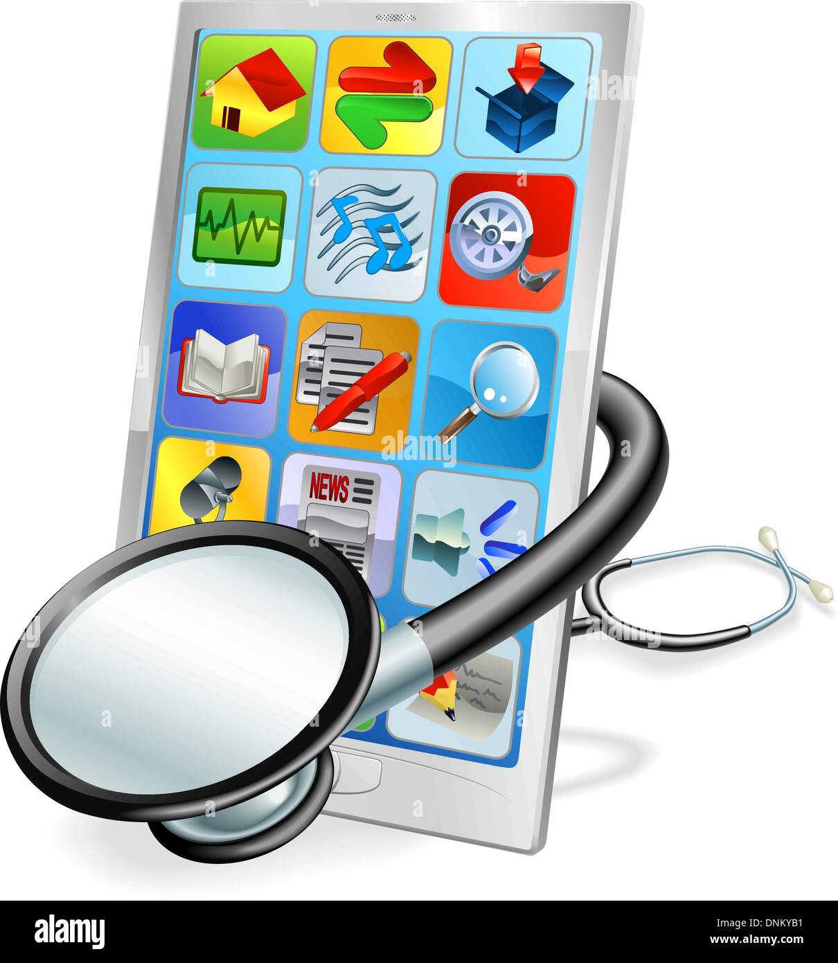 Einem Mobiltelefon oder Tablet-pc mit Stethoskop umwickelt. Health Check-Konzept Stock Vektor
