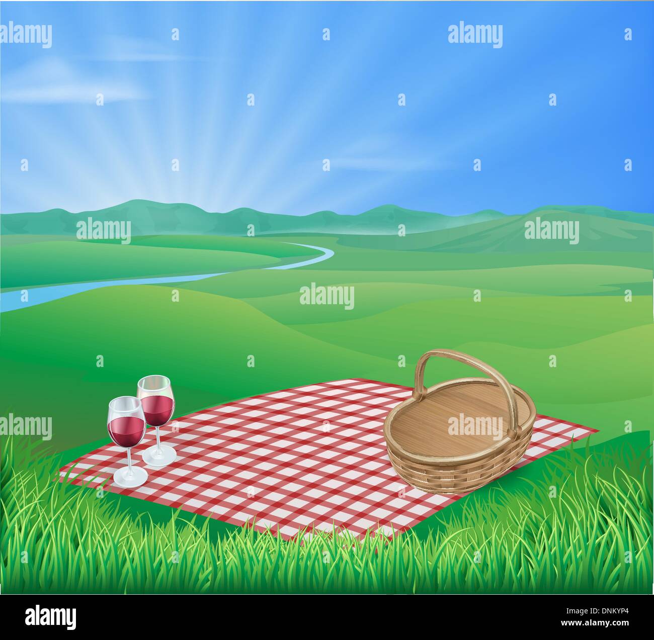 Beispiel für ein Picknick in einer wunderschönen ländlichen Szene mit Wein Gläser und Wicker Korb Stock Vektor