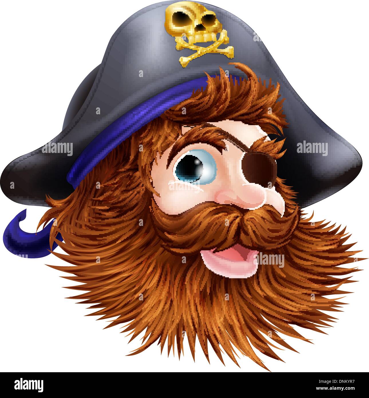Beispiel für ein glücklich lächelndes Gesicht der Piraten mit einer Augenklappe und Schädel und gekreuzten Knochen auf seinem Piratenhut Stock Vektor