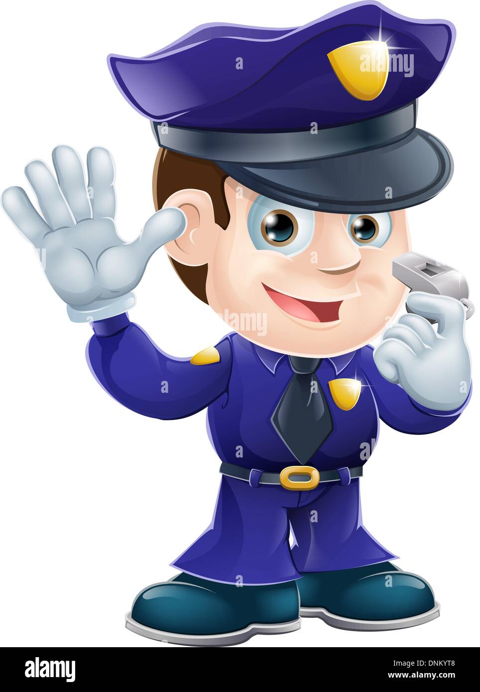 Ein niedliche Polizei Mann Charakter hält ein Pfeifen und winken oder machen einen Stopp Geste Stock Vektor