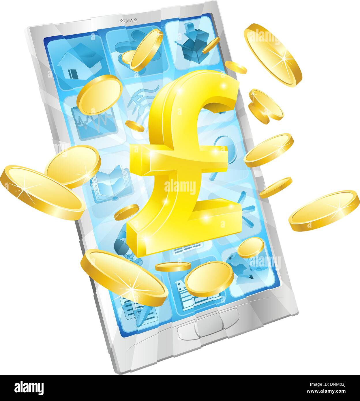 Pfund Geld Handy Konzept Illustration des Handy mit Münzen und gold Raute Stock Vektor
