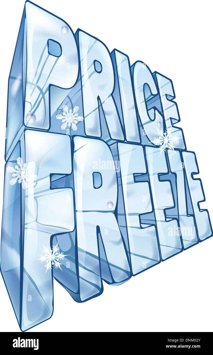 Illustration der Preisstopp Worte wie ein großen gefrorenen Eis-Würfel, einen Verkauf zu vermarkten. Mit Schneeflocken fallen im Vordergrund. Stock Vektor