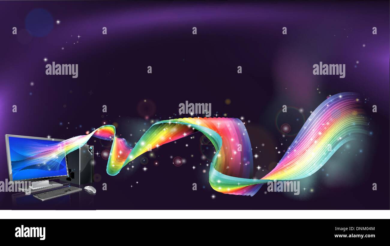 Einer Abstrakten Hintergrund Mit Desktop Pc Computer Mit Einem Regenbogen Aus Ihm Heraus Fliesst Stock Vektorgrafik Alamy