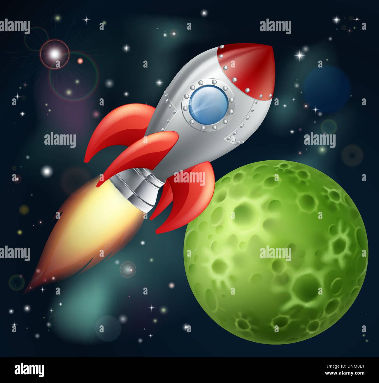 Abbildung eines Cartoon-Rakete-Raumschiffs mit Weltraum-Hintergrund und Planeten und Sterne Stock Vektor