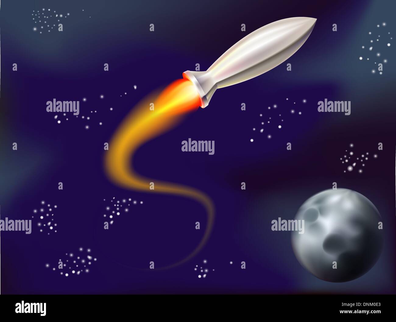 eine lustige Illustration einer Rakete fliegen im Raum mit Sternen und Planeten im Blick Stock Vektor