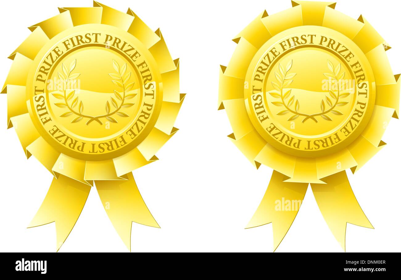 Zwei Gold erster Preis Rosetten mit Gewinners Lorbeerkränze im Zentrum Stock Vektor
