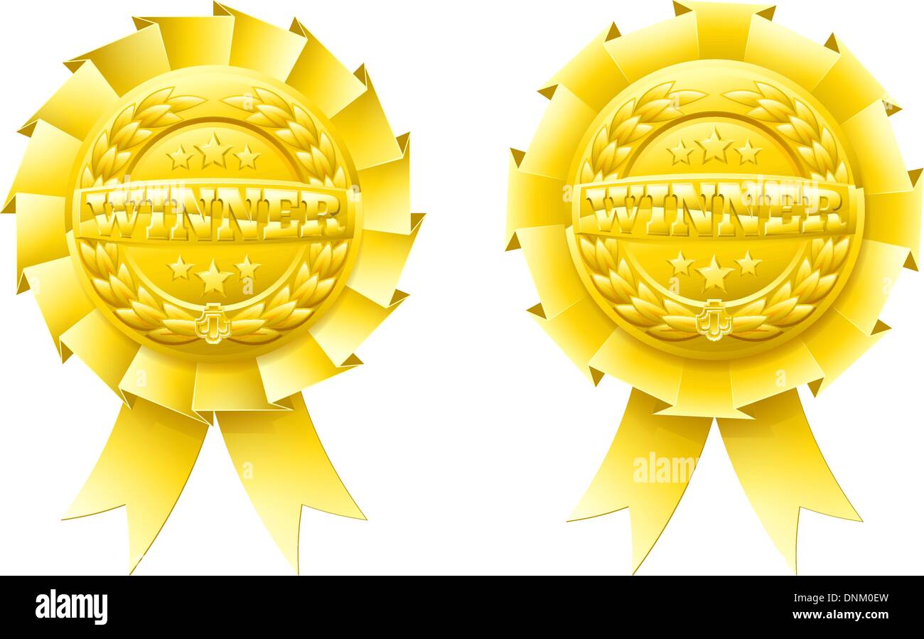 Gold-Gewinner Rosetten mit dem Wort-Sieger und Gewinner Lorbeer Kranz und Sterne Stock Vektor