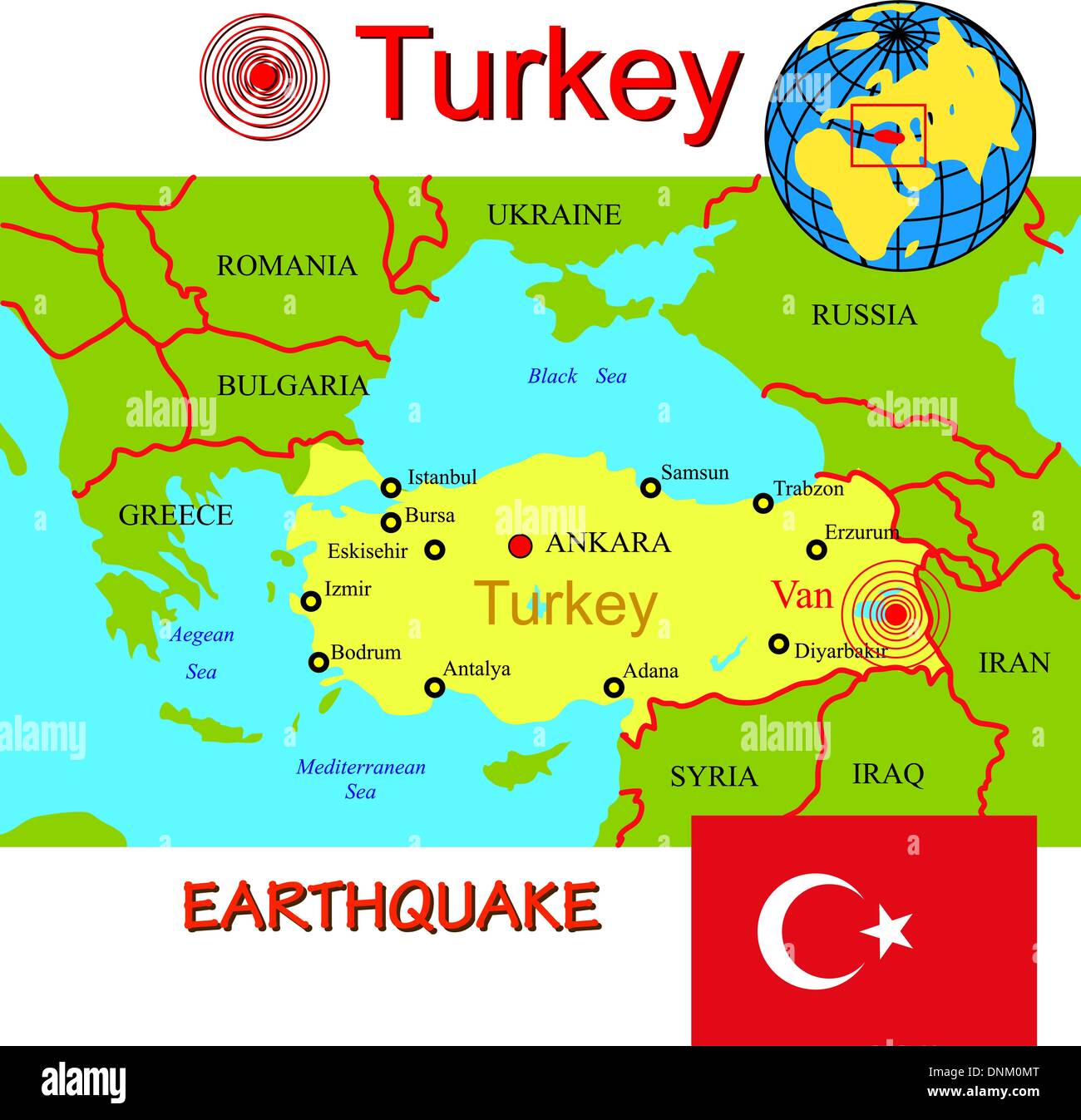 Türkei Karte mit Epizentrum Erdbeben. Stock Vektor