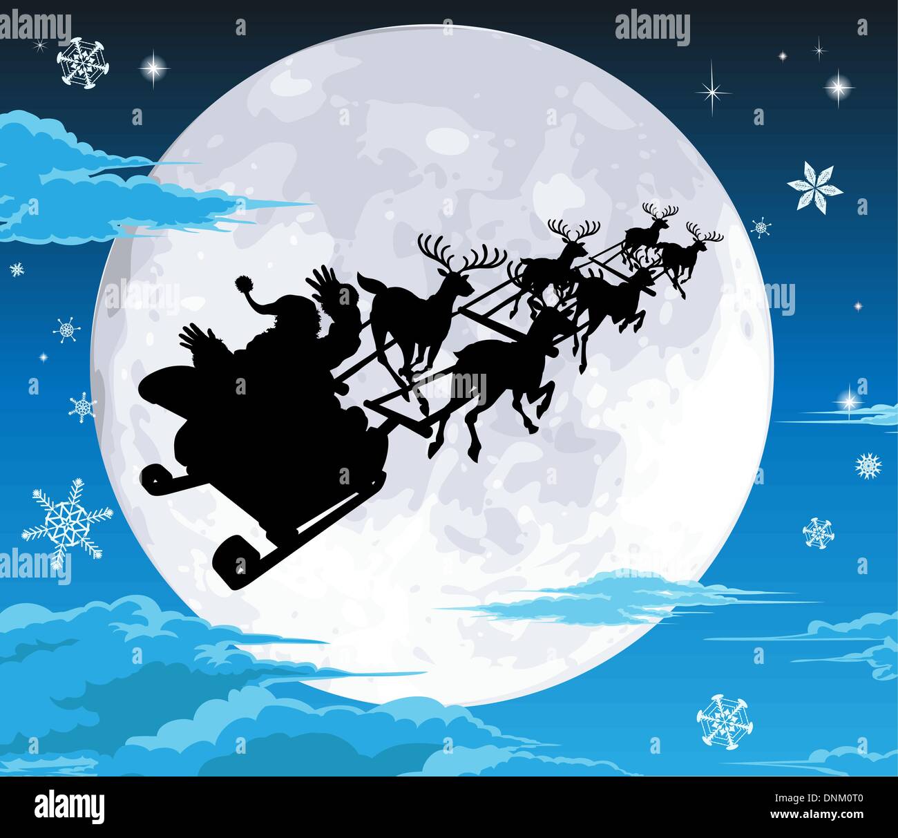 Weihnachtsmann in seinem Schlitten Silhouette gegen den Vollmond Stock Weihnachtsmann in seinem Schlitten Silhouette gegen den Vollmond Stock