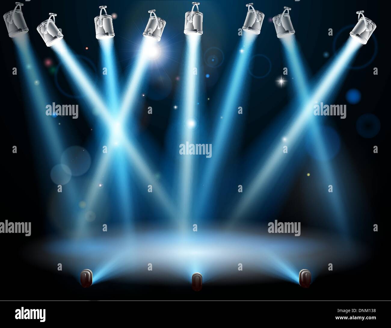 Eine blaue Scheinwerfer Hintergrund Konzept mit vielen Lichtern wie Scheinwerfer in eine Licht-Show oder während einer dramatischen Theater Bühne Longitudinalstudie Stock Vektor