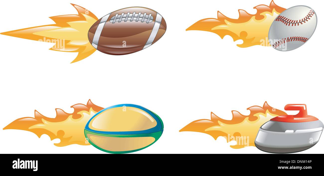 Glossy glänzend Sport Symbolsatz mit Flammen und Feuer. Amerikanischer Fußball, Baseball Ball, Rugby-Ball und Curling-Stein fliegen f Stock Vektor