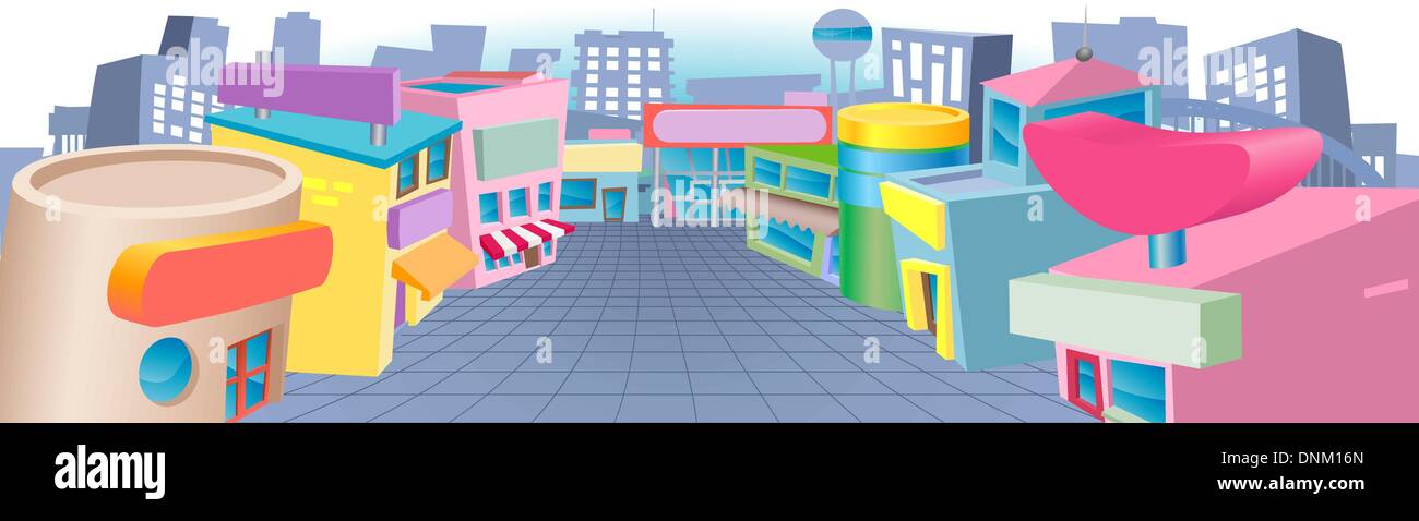 Einer bunten Cartoon-Straße von Geschäften mit leere Zeichen Stock Vektor