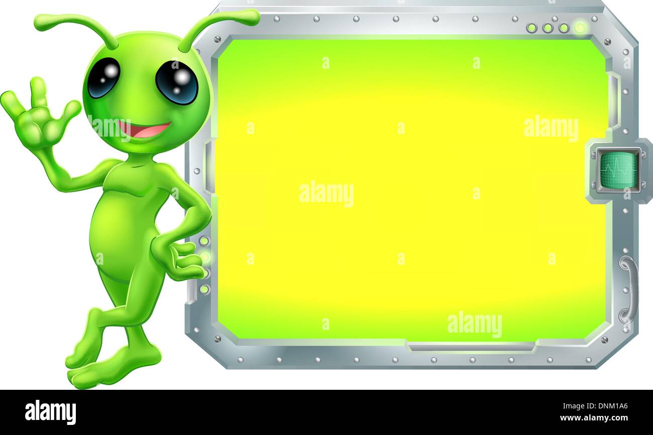 Ein hübsch grün Alien mit einem Zeichen oder Bildschirm mit Exemplar Stock Vektor