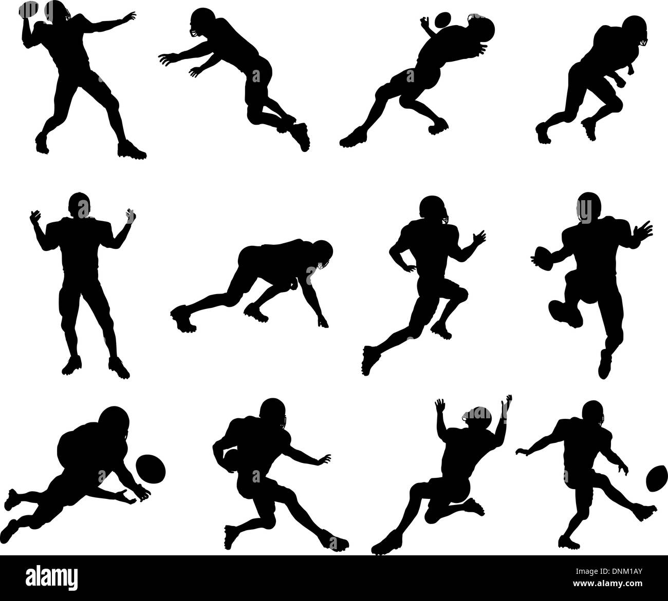 Eine Reihe von sehr detaillierte hochwertige American Football Spieler Silhouetten Stock Vektor