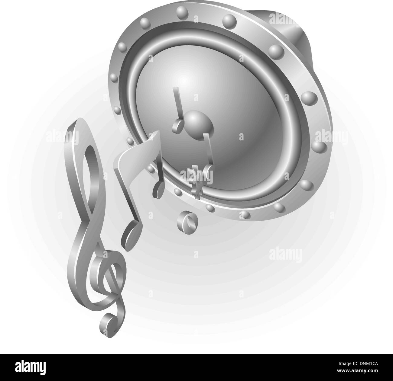 Illustration von Silber metallic Musik Lautsprecher und Musiknoten Stock Vektor