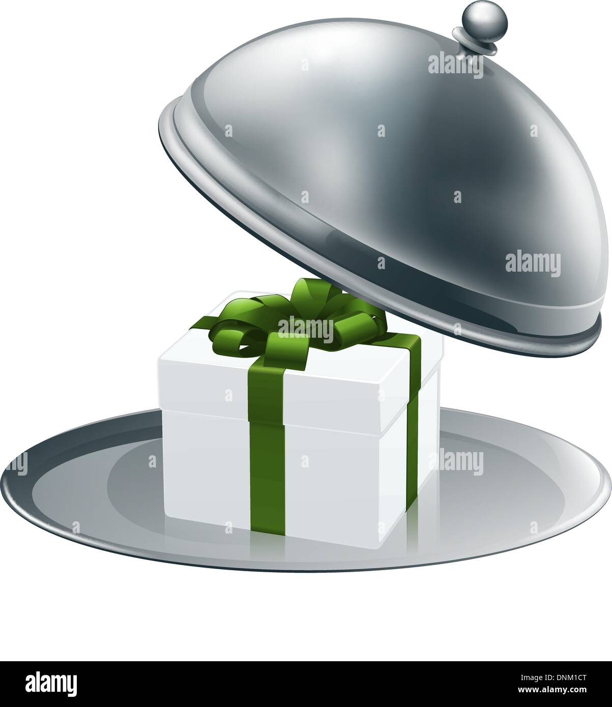 Beispiel für ein Luxus-Geschenk auf dem Silbertablett gebunden mit Grünband und Bogen Stock Vektor