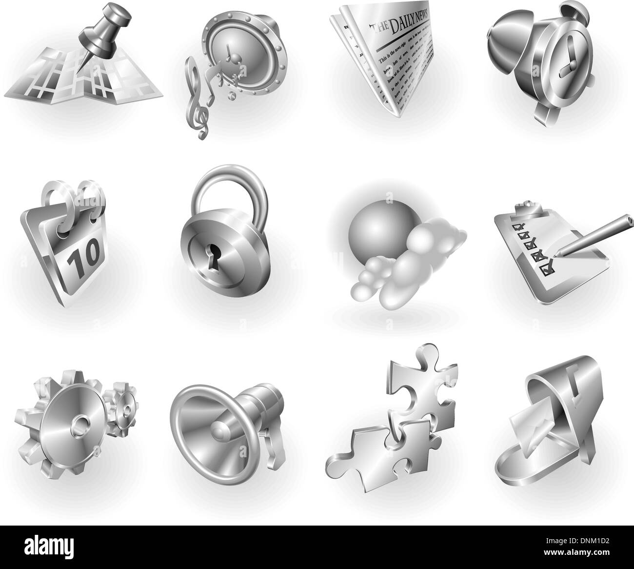 Eine Reihe von Silber Stahl oder Aluminium glänzend glänzende Metall metallic Internet Programm-Icon Serie. Stock Vektor