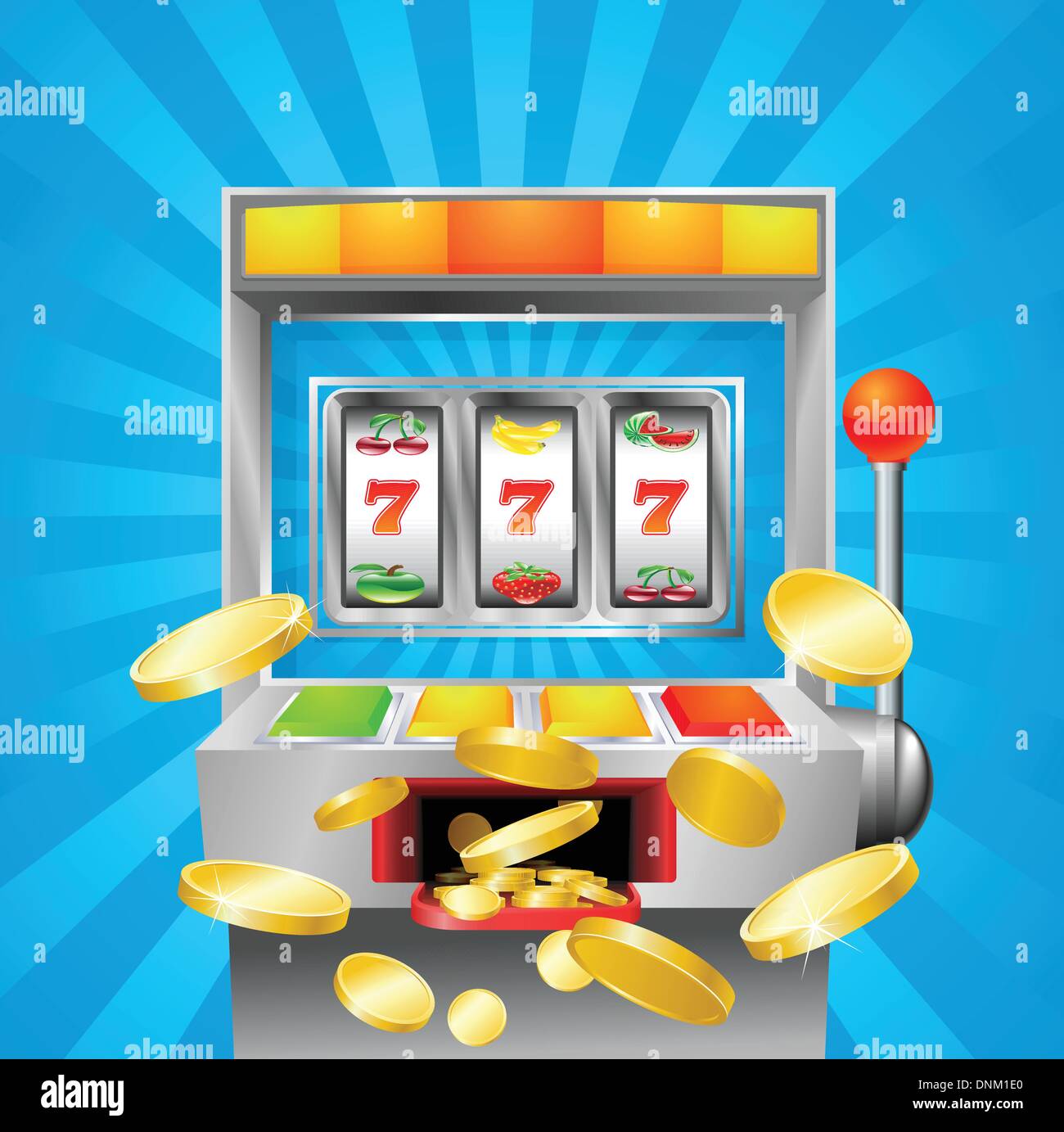 Eine Frucht Spielautomaten im 7 s zu gewinnen. Goldene-Münzen ausfliegen auf den Betrachter. Stock Vektor