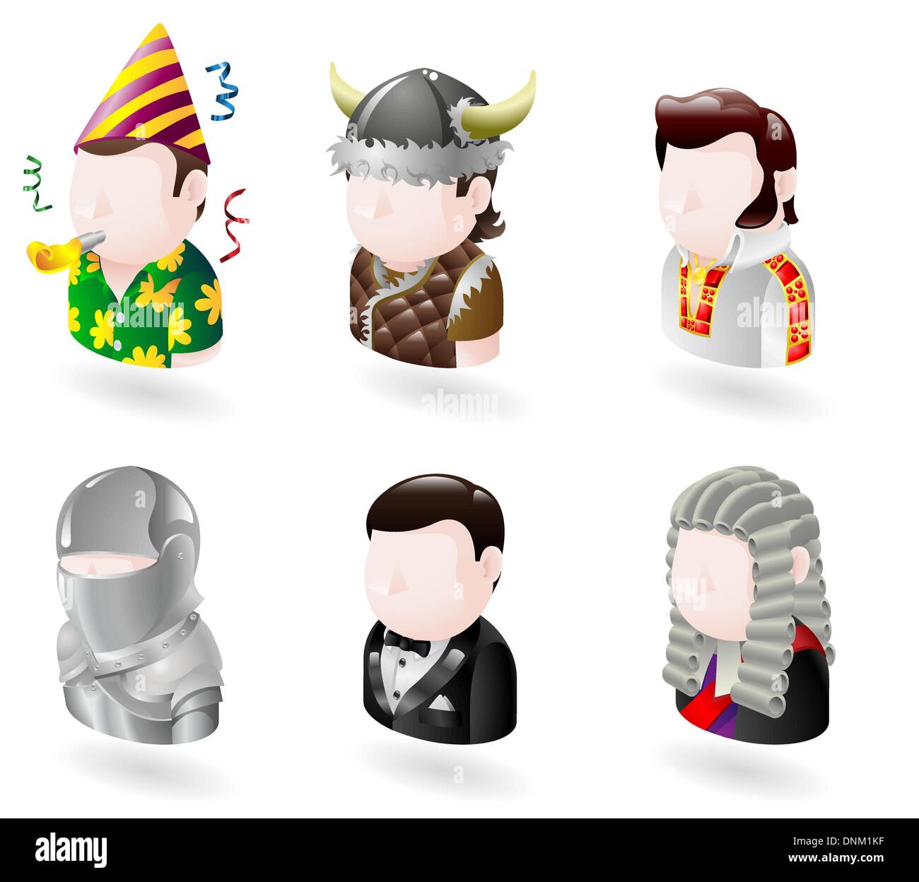 Ein Avatar Menschen Web oder Internet Symbolsatz Serie. Enthält einen Party Mensch, Viking, Elvis Charakter, Ritter, James Bond Charakter eine Stock Vektor