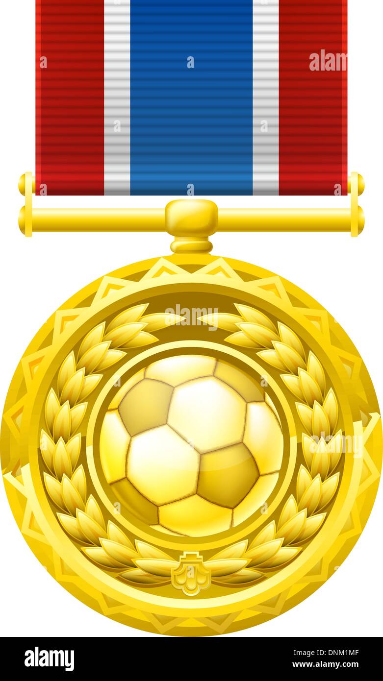 Eine gold-Gewinner-Medaille mit einem Lorbeer Kranz und Fußball Fußball Ball Illustrationen. Stock Vektor