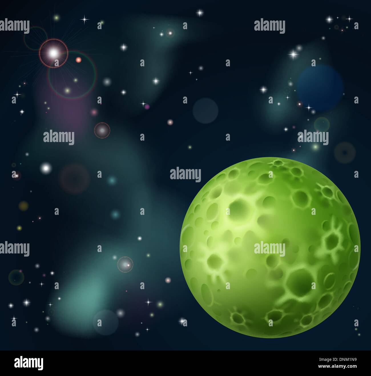 Ein Weltraum Cartoon Hintergrund mit Fantasie Mond im Vordergrund Stock Vektor