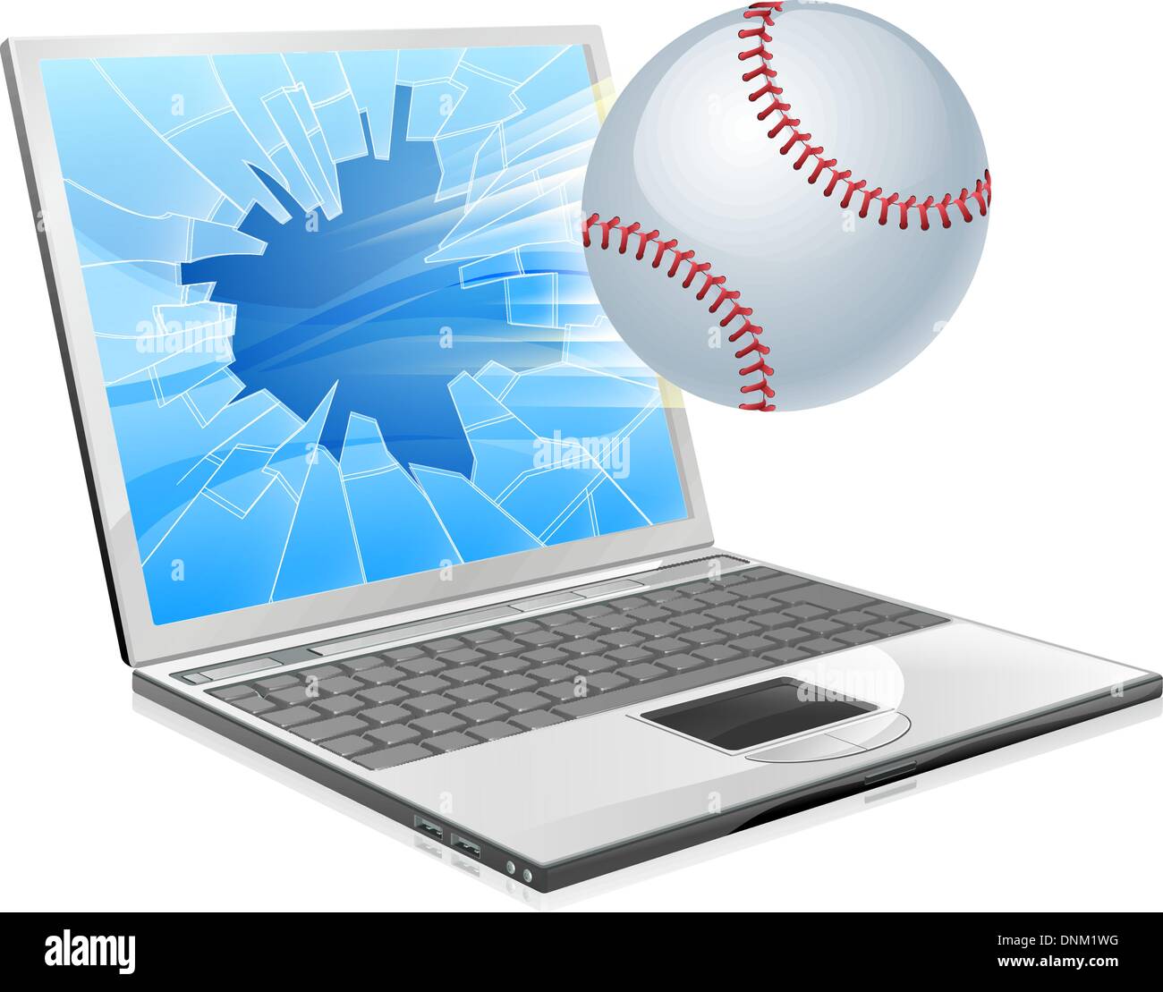 Abbildung eines Baseball-Ball fliegen aus einem defekten Laptop-Computer-Bildschirm Stock Vektor