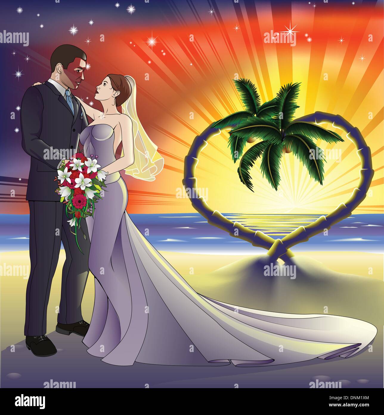 Braut und Bräutigam Brautpaar auf tropischen Traumstrand. Palmen bilden eine Herzform im Hintergrund mit einem Sonnenuntergang. Stock Vektor