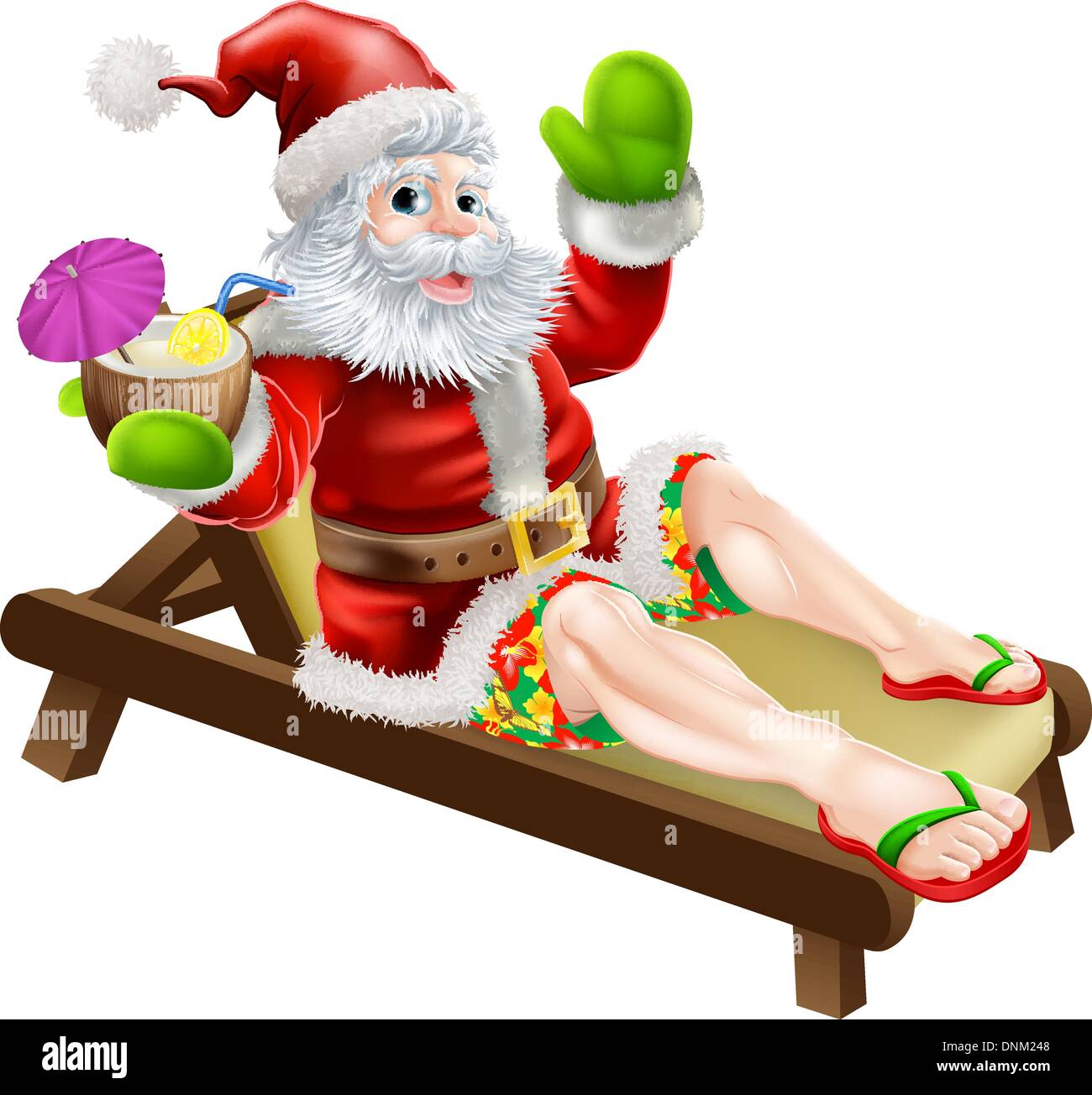 Sommer-Santa Abbildung. Eine Illustration von Weihnachten Santa auf einer Sonnenliege am Strand oder am Pool mit einem Drink zu entspannen Stock Vektor