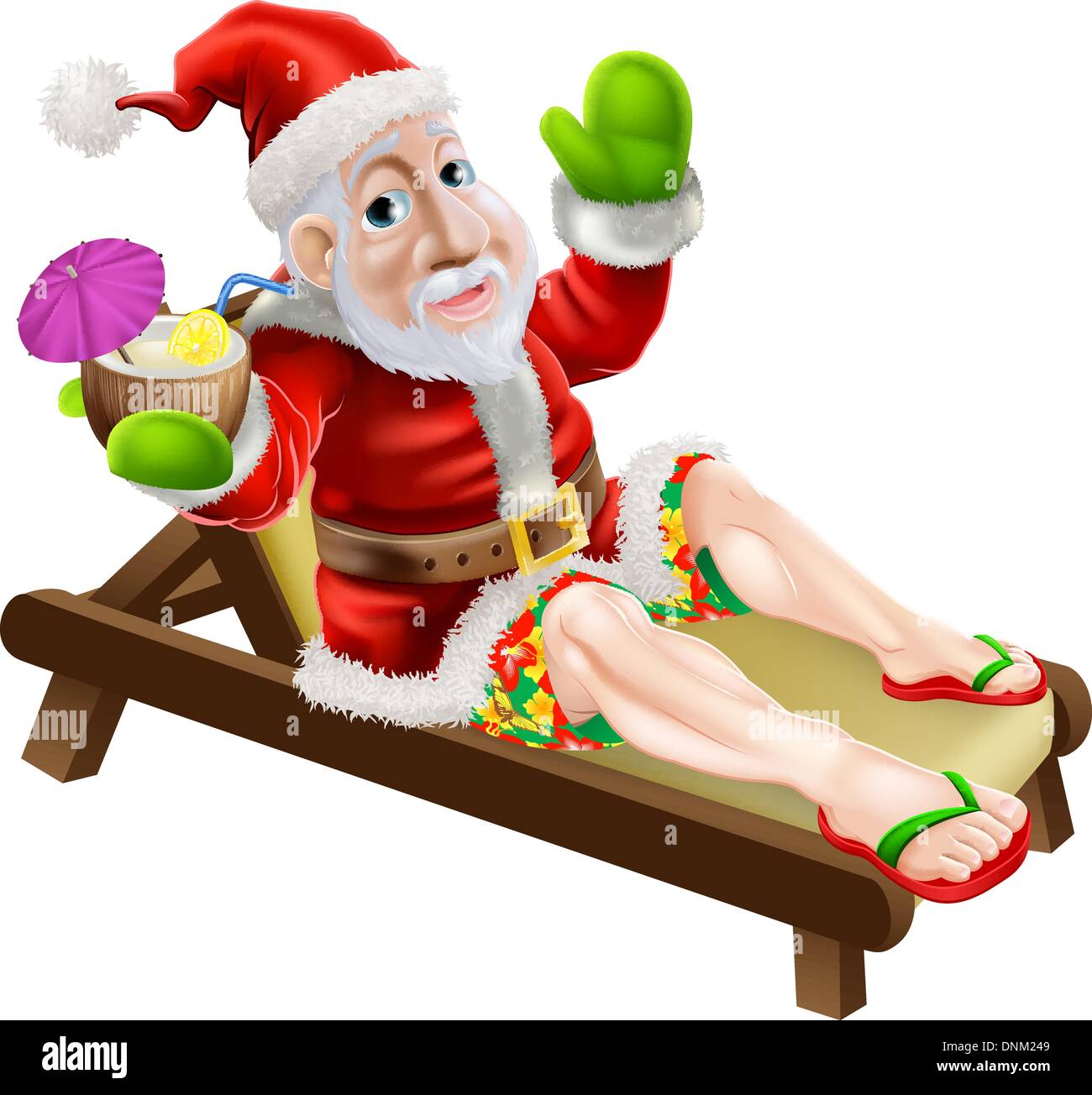 Weihnachtsmann auf eine heiße Weihnachtsurlaub erholsam auf einer Sonnenliege am Strand oder am Pool tragen Bermuda oder Hawaiian Board s Stock Vektor