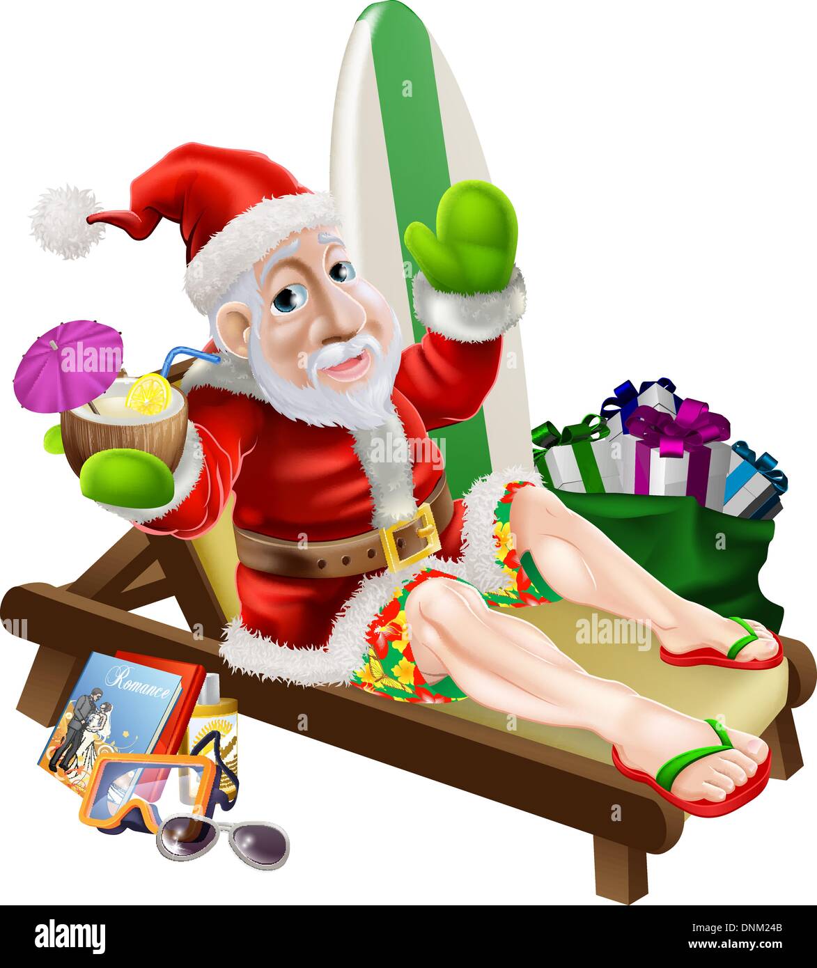 Weihnachten Weihnachtsmann mit seinen Urlaub Artikel, Geschenke und Surf Board entspannen, am Strand oder am Pool in Boardshorts Stock Vektor