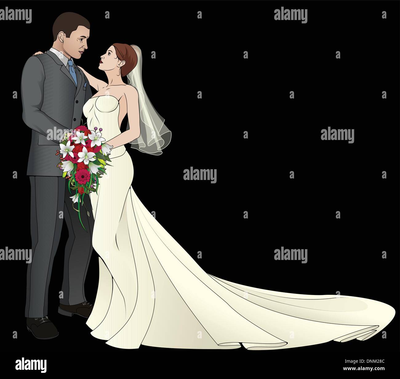 Eine Braut und Bräutigam am Tag ihrer Hochzeit küssen Stock Vektor
