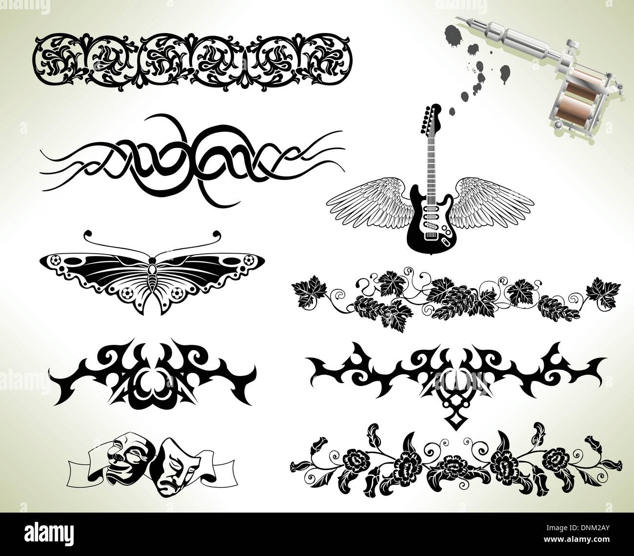 Reihe von Tattoo Flash-Design-Elemente mit Tätowierer Pistole oder Maschine Stock Vektor