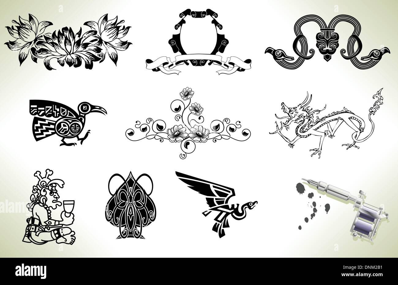 Reihe von Tattoo Flash-Design-Elemente mit Tätowierer Pistole oder Maschine Stock Vektor