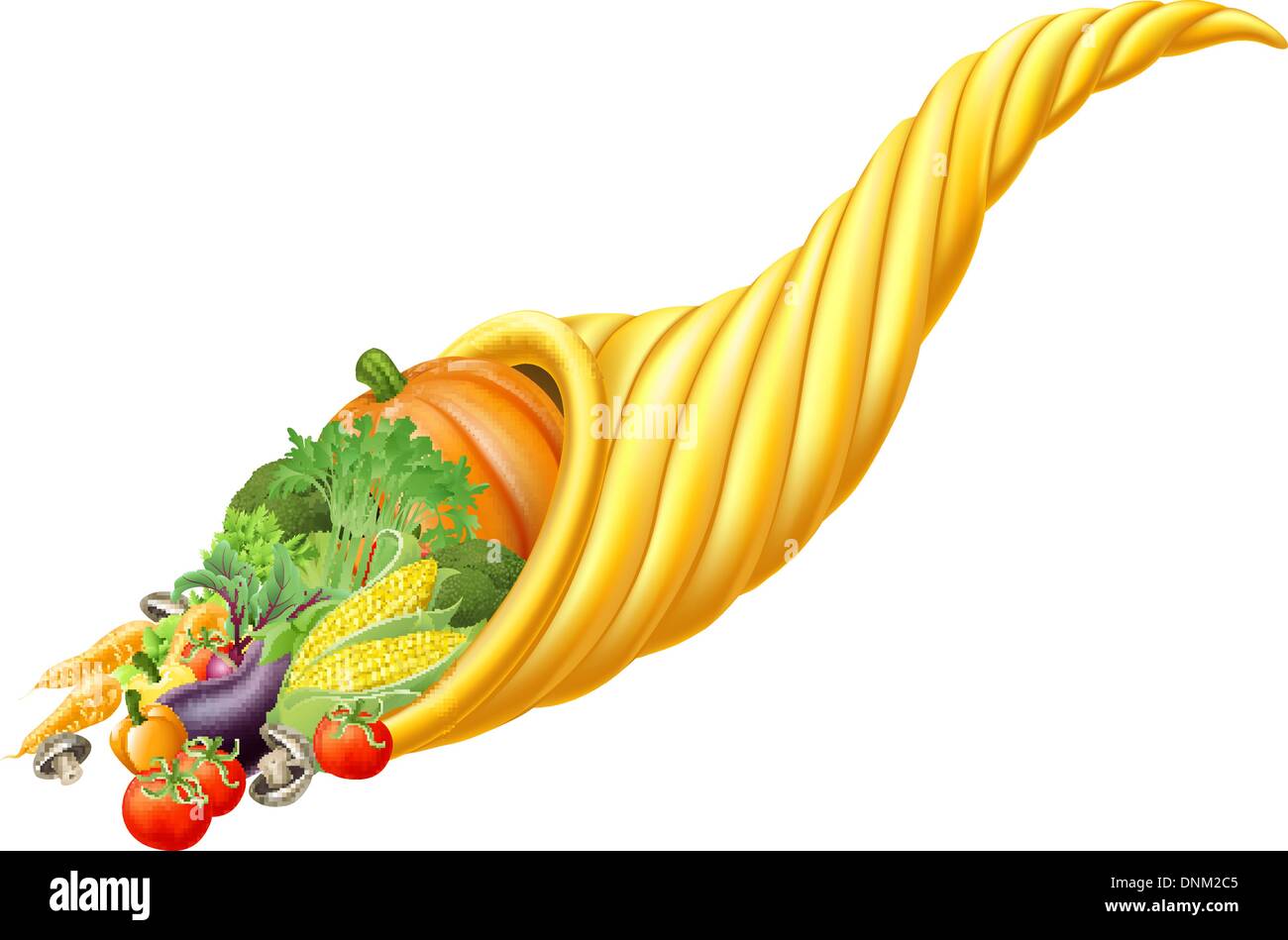 Illustration des Thanksgiving oder Erntedankfest Füllhorn voller Frische Lebensmittel horn Stock Vektor