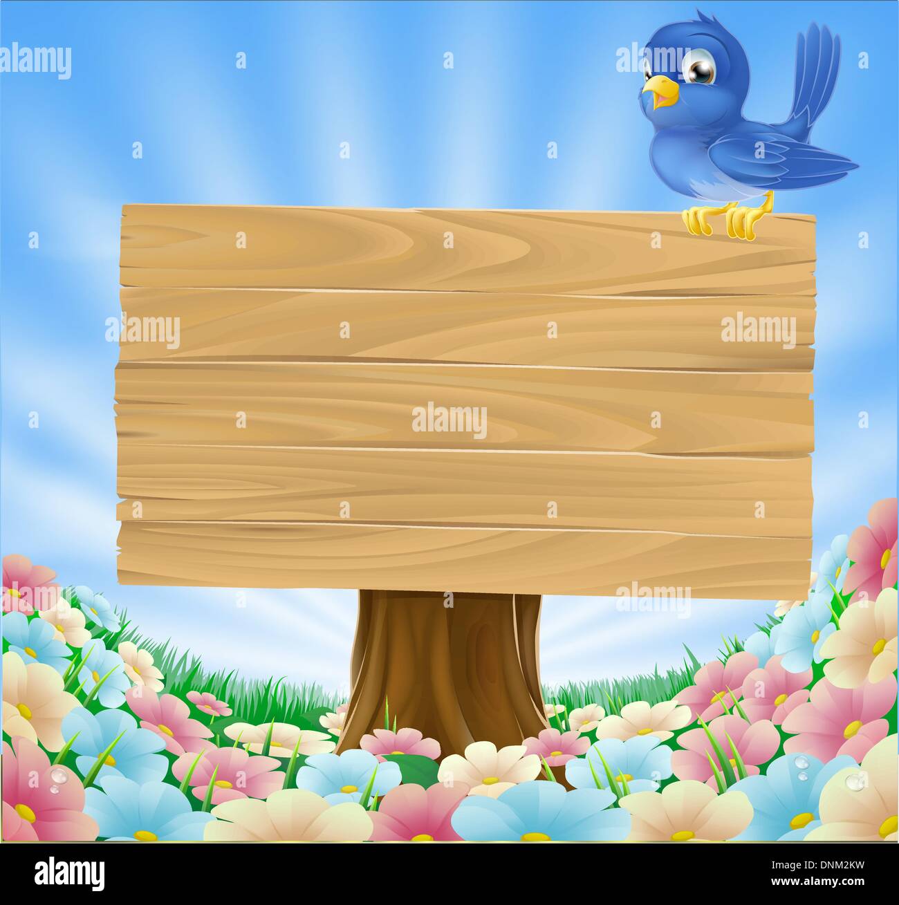 Cartoon blaue Vogel sitzt auf einem hölzernen Schild in einer Blumenwiese Stock Vektor