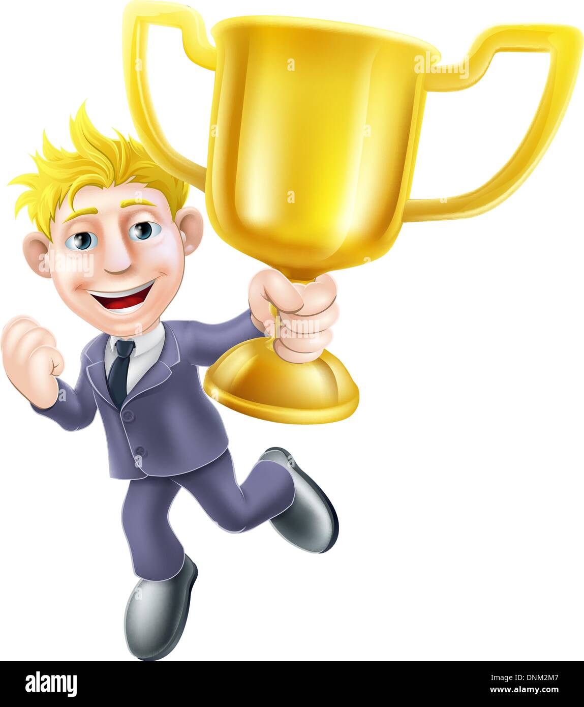 Ein Geschäft Mann Sieger Comicfigur hält eine goldene-Trophäe und freudig in die Luft springen Stock Vektor