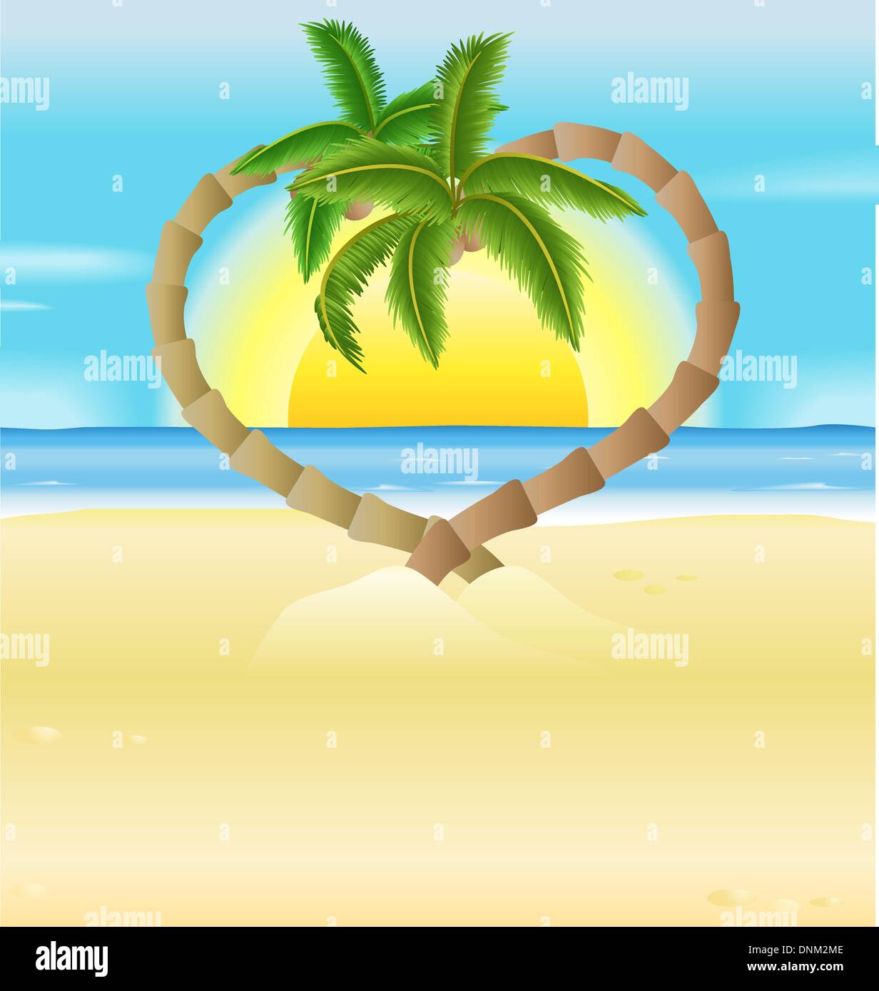 Eine Vektor-Illustration einer romantischen Strand-Szene mit Palmen in Herzform Stock Vektor