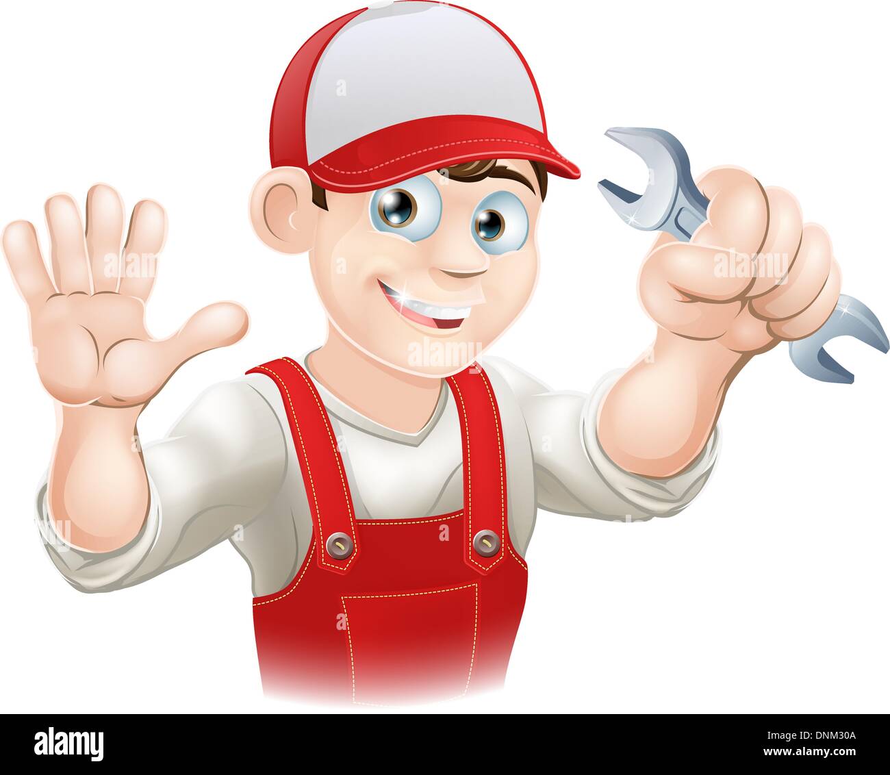 Abbildung eines glücklich Klempner oder Mechaniker in seiner Arbeitskleidung mit Schraubenschlüssel Stock Vektor