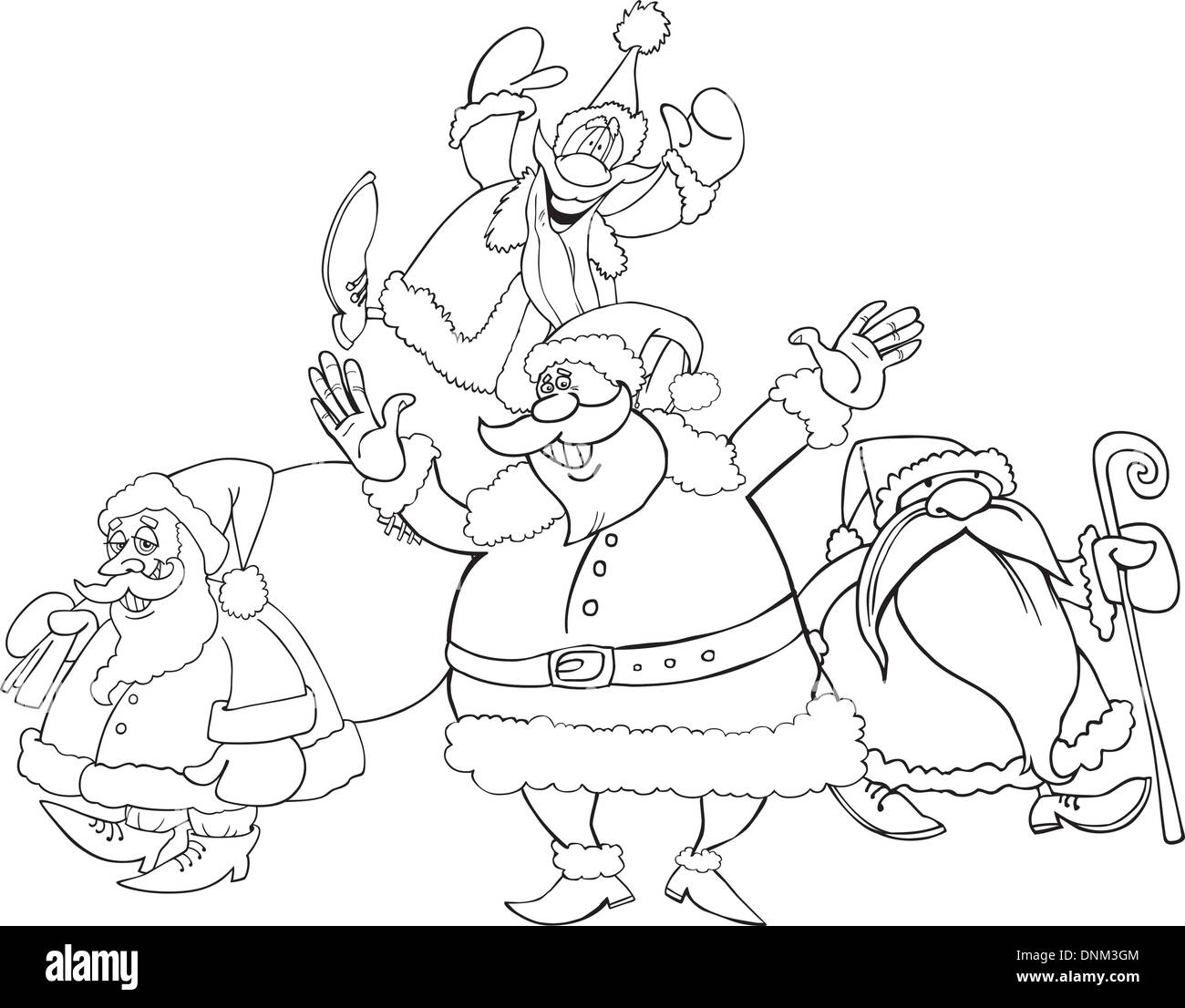 Abbildung der vier Santa Klauseln Group für Malbuch Stock Vektor