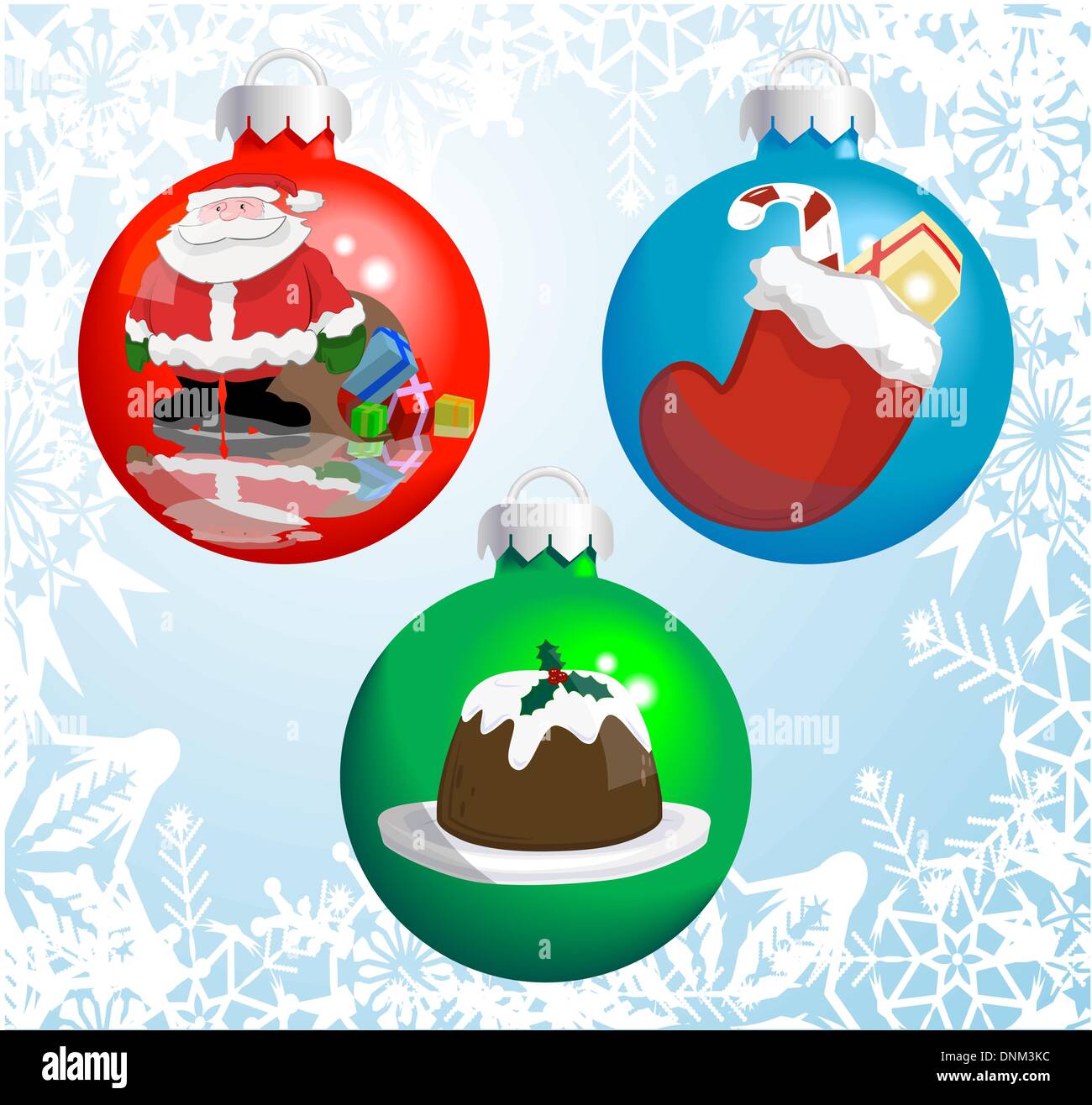 Weihnachtskugeln mit Bildern von Santa Claus, Christmas Stocking und Christmas Pudding reflektiert oder auf ihnen gemalt werden! Stock Vektor