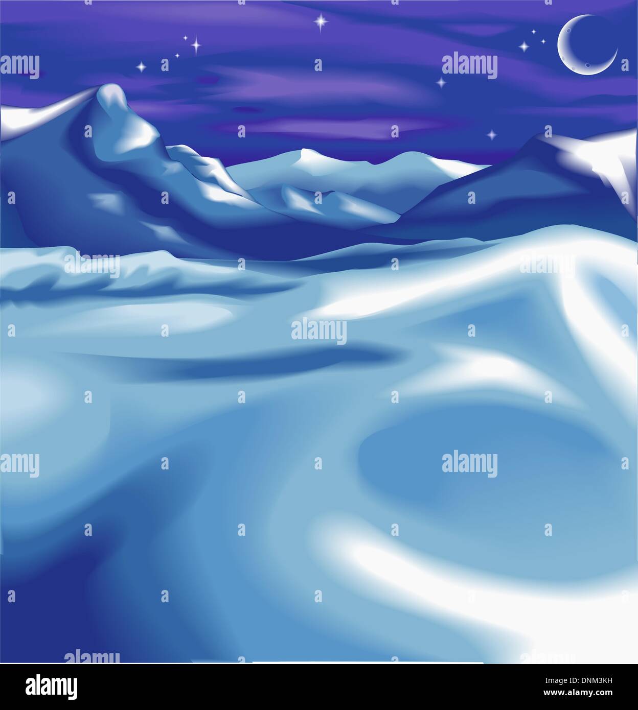 Schönen verschneiten Nacht Zeit Winter Landschaft Szene, mit Mond und Sternen. Keine Netze verwendet. Stock Vektor