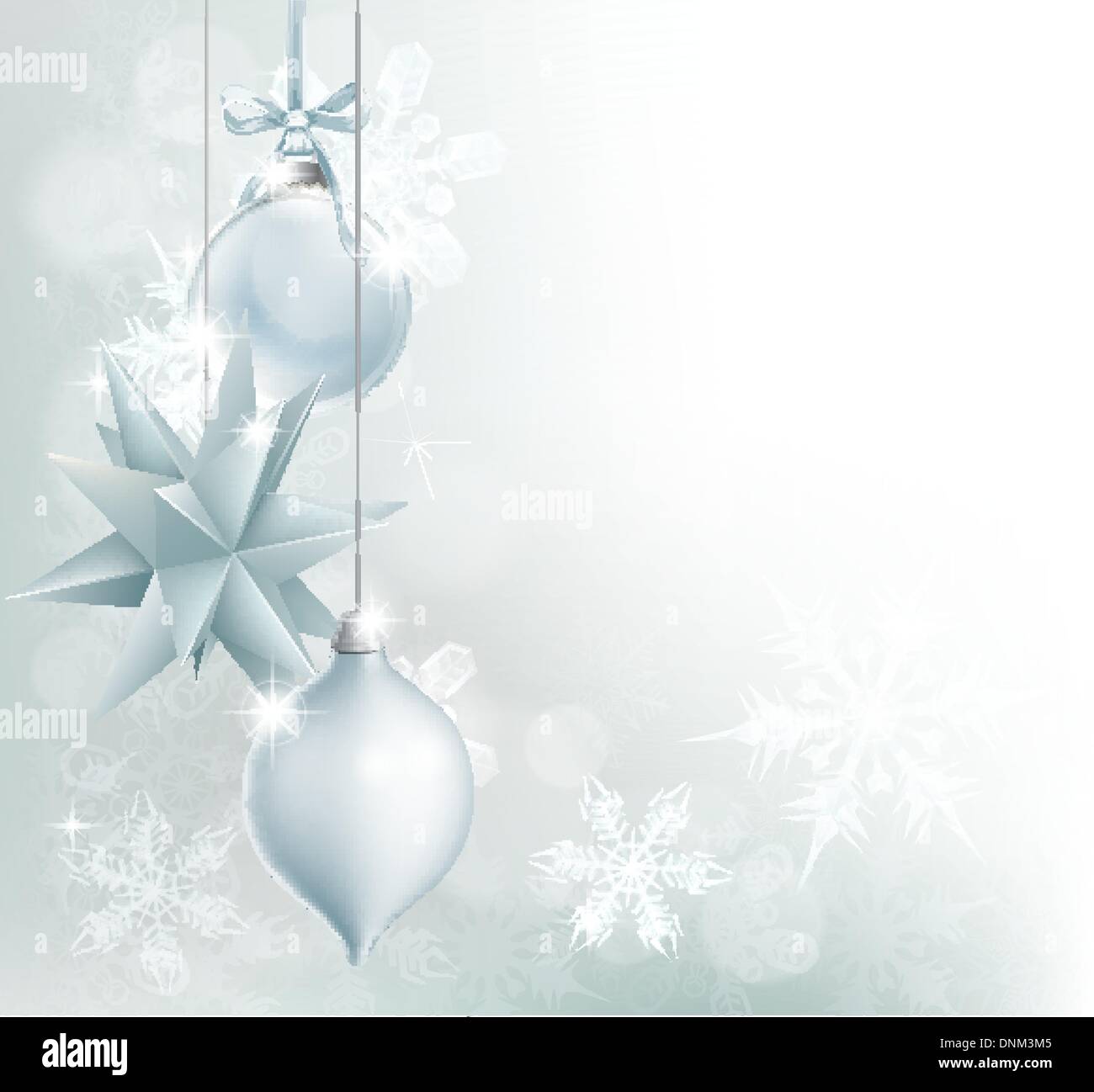 Einen blauen und silbernen Schneeflocke und Weihnachten Christbaumkugel Dekoration Hintergrund mit hängenden Ornamente, abstrakte Schneeflocken und bokeh Stock Vektor