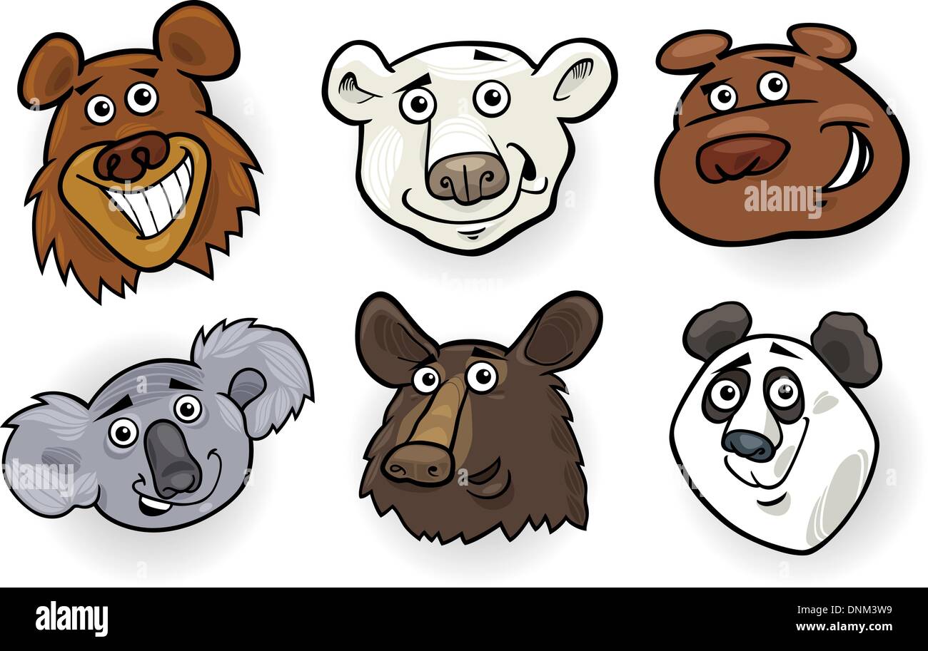 Comic-Illustration von verschiedenen lustigen Bären Köpfe Set: Grizzly, Eisbär, Panda, Koala und amerikanischer Schwarzbär Stock Vektor