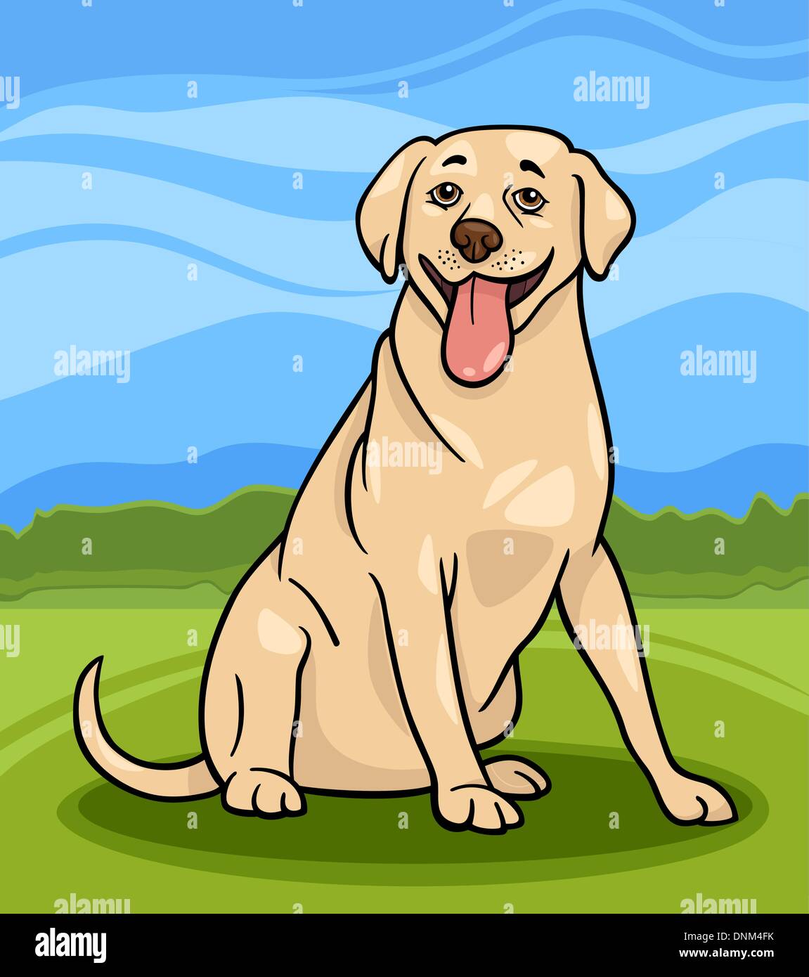Cartoon-Illustration von lustigen Labrador Retriever Hund gegen blauen Himmel und Ländliches Motiv Stock Vektor