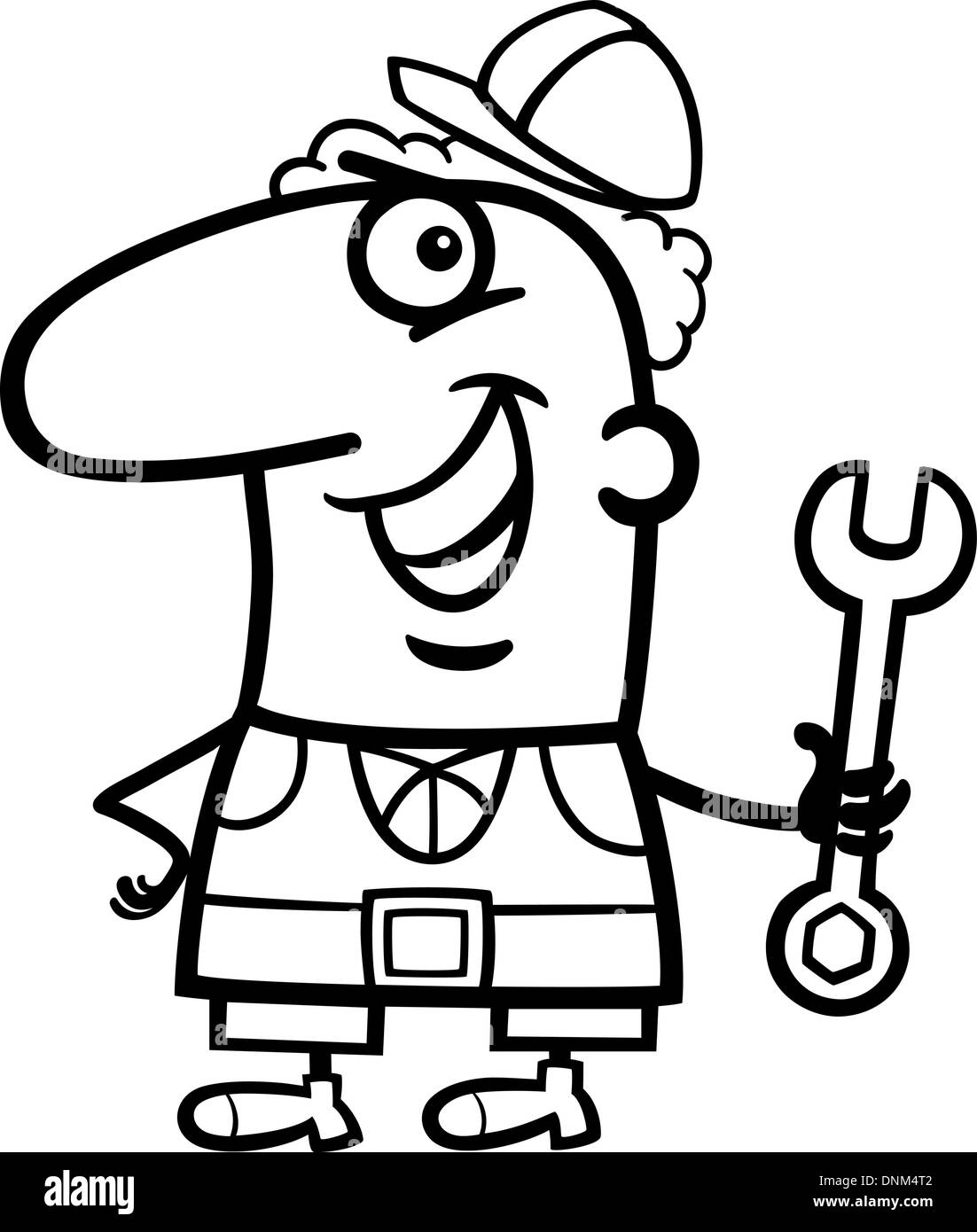 Schwarz / Weiß Cartoon Illustration der lustige Arbeiter mit Schraubenschlüssel Beruf Beruf Malvorlagen Stock Vektor